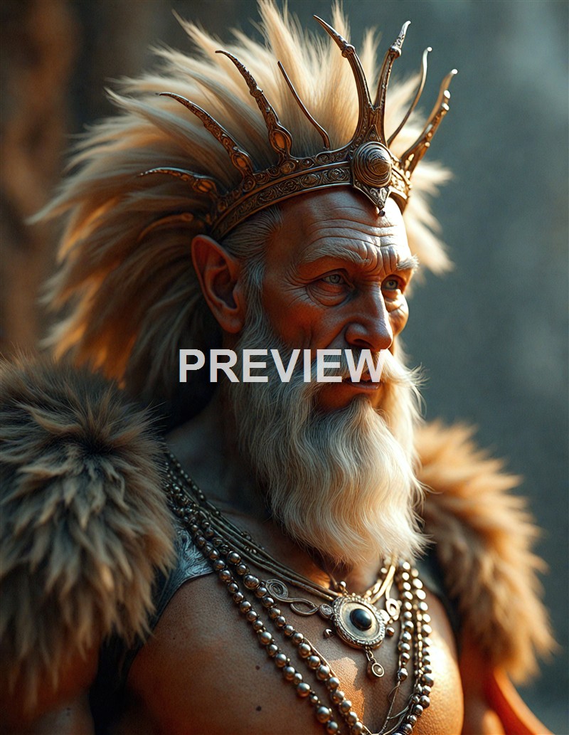 An elderly man with a long white beard and mustache, wearing an ornate crown with spikes and decorated with intricate patterns, dressed in fur and jewelry, gazes intently into the distance.